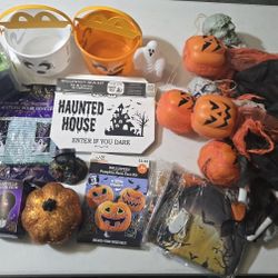 Lot of Halloween Decoration Items Hanging Outdoor Spooky Decor Buckets Skeleton Door Stopper Pumpkin