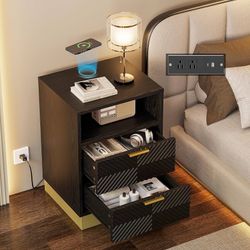 Nightstand with Wireless Charging, Power Outlet, Bedside End Table 2 Drawers/USB-C & AC Outlet Power Station/ Engineered Wood/Open Storage Cubby/ for 