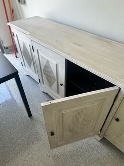 Rustic Coastal Sideboard / Buffet Cabinet – Whitewashed Wood Storage Console