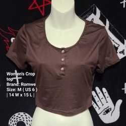 Romwe | Women's Brown Crop Top With Buttons, Lace Underlayer | Size M | US 6 