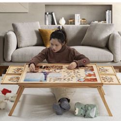 1500 Piece Wooden Jigsaw Folding Puzzle Board, Puzzle Table with Legs and Protective Cover, 34” X 26.3” Jigsaw Puzzle Board with 4 Drawers & Cover, Po