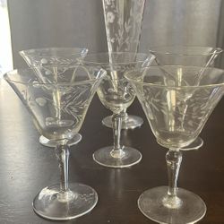 Vintage Etched Coupe Glasses: Set Of 5