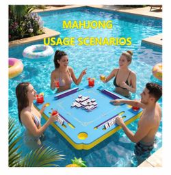 32 x 32 Inch Floating Mahjong Table for Pool, Premium EVA Mat with Tile Grooves & Cup Holders, Floating Mahjong Set, Multi-Game Pool Float Table for S
