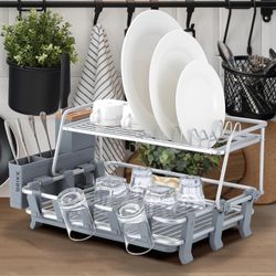 Brikk 2 Tier Aluminum Large Dish Rack with Cutlery Drainer, Knife Block, Wine Glass Holder, Cup Holder, and 360° Swivel and Extendable Drainboard 