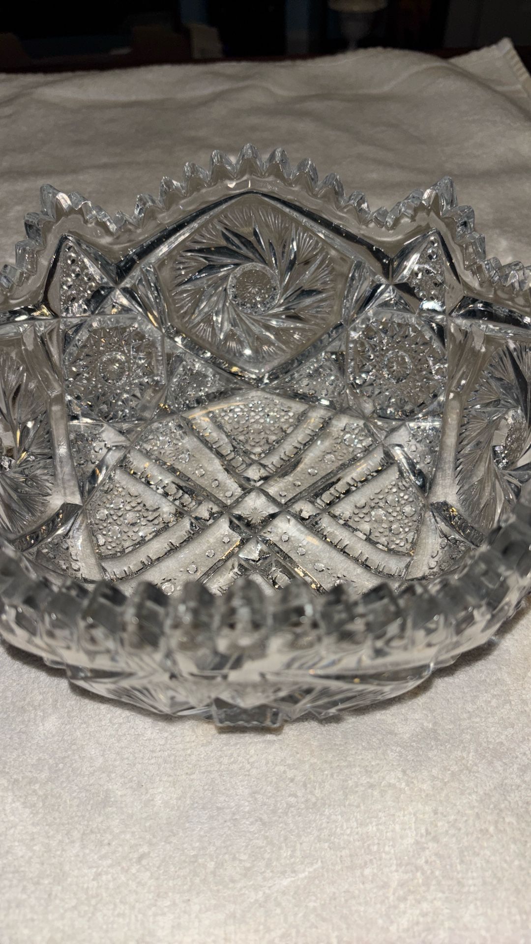 Vintage Art Cut Pressed Glass Bowl Sawtooth Edge Geometric Pattern Mid-Century
