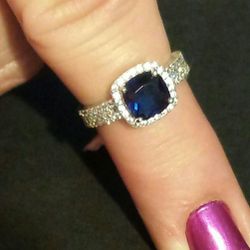 Blue Diamond Ring in Sterling Silver (Size 5)