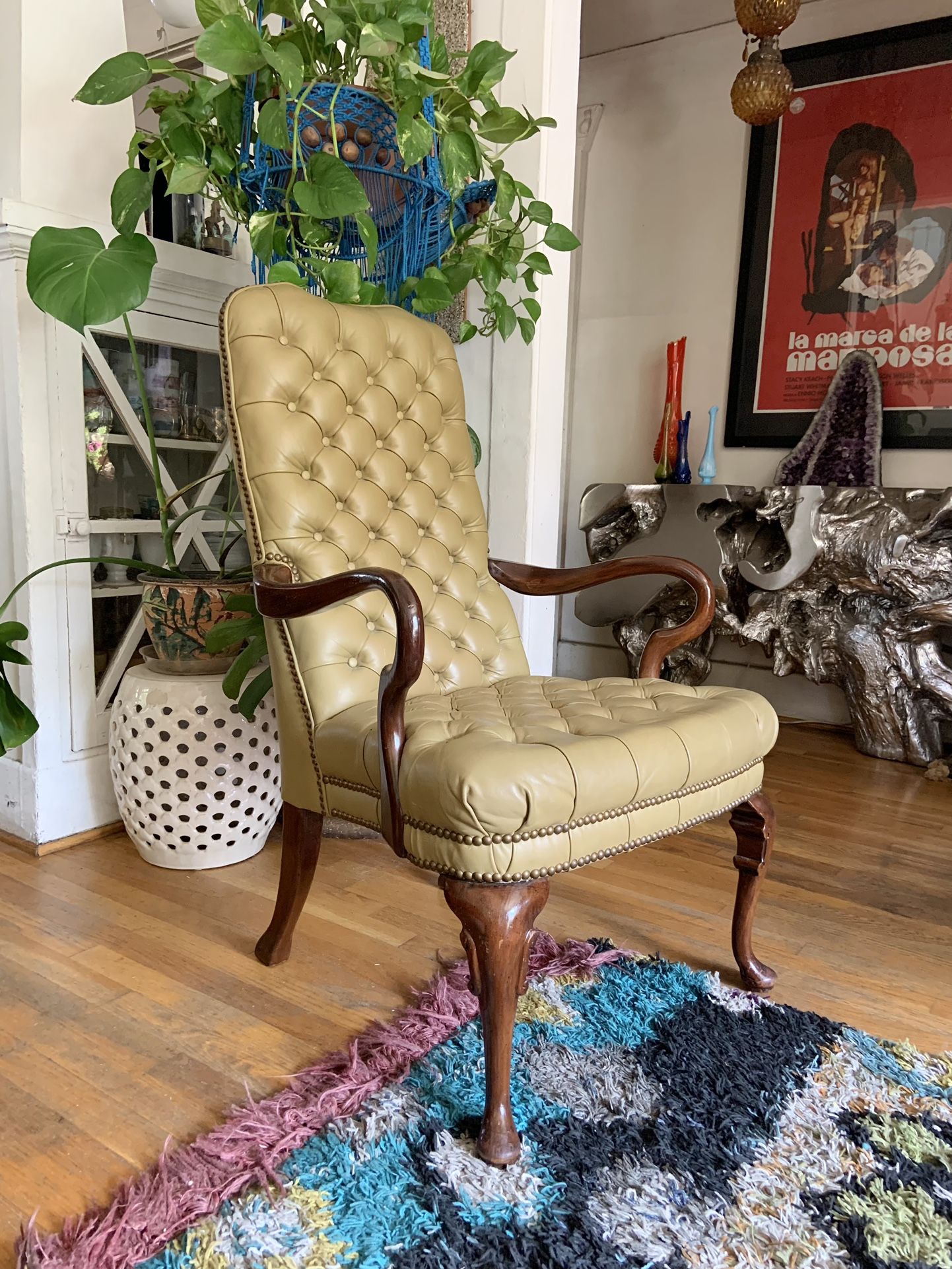 Vintage Queen Anne Style TUFTED Reading Chair, Library, Office wood & LEATHER ARM CHAIR