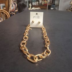 Modern Goldtone Chunky 19" Link Chain Necklace  & Small Goldtone Stud Earrings By Jennifer & Company "NEW "