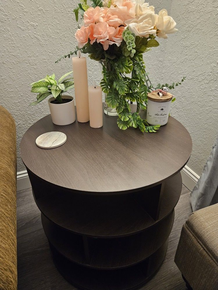 Dark Wood Spinning Side End Table With Shelves