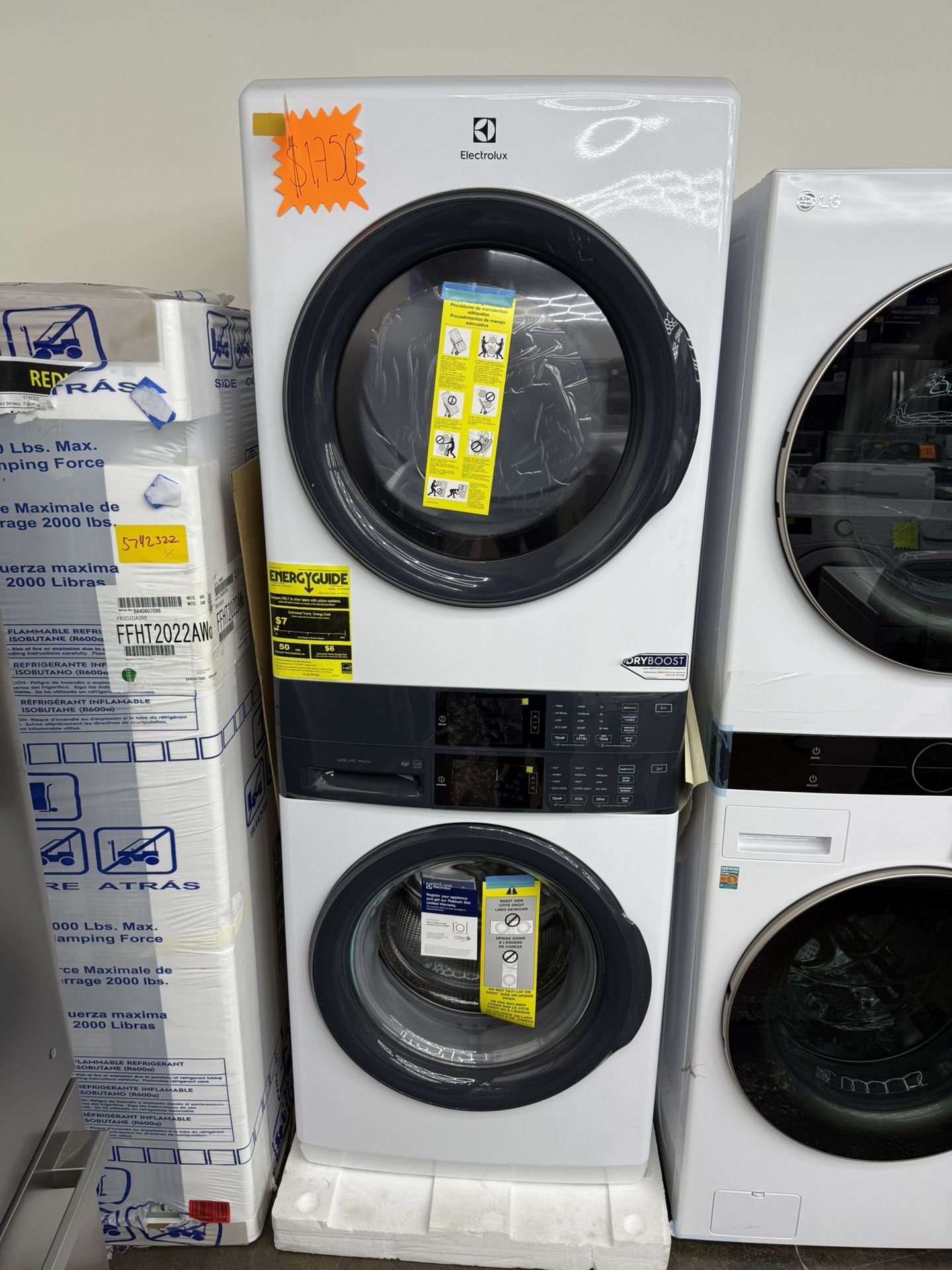 Brand new Electrolux gas tower washer and dryer