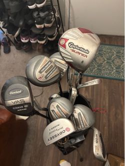 Golf clubs, driver, irons putter