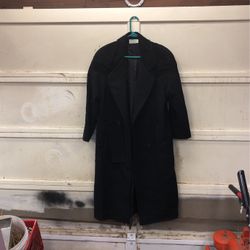 Fashions By Jill Long Black Coat 100% Wool&leather