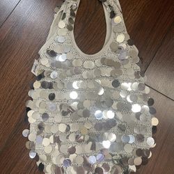 Silver Sequin Crocheted Hobo Bag