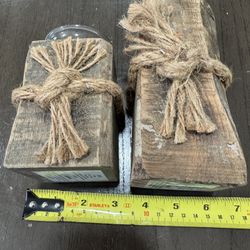 Hobby Lobby Rustic Wood W/rope Candle Holders- Set Of 2 - 5”, 7” 