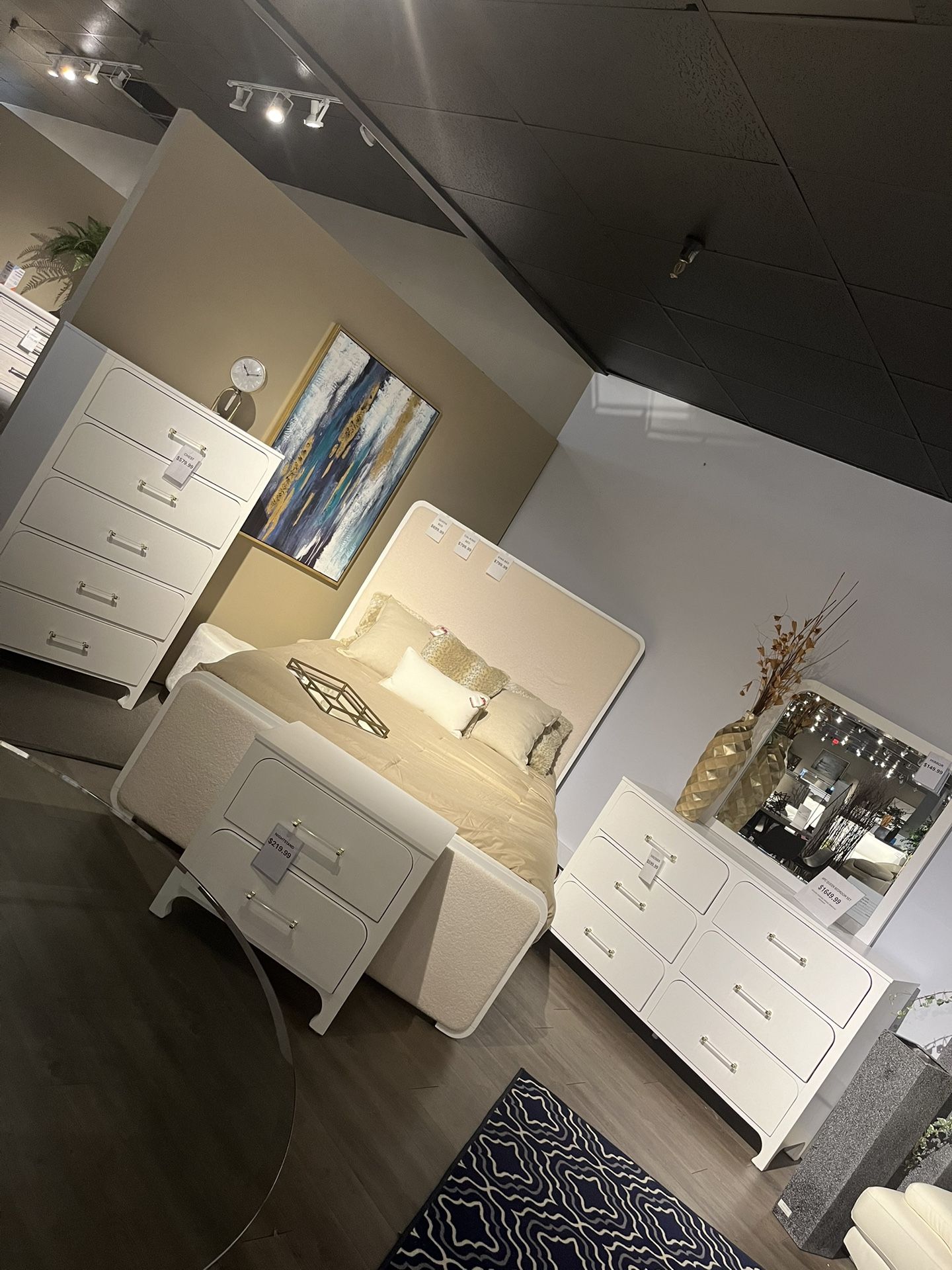 White Queen Bed, Dresser, Mirror And One Nightstand