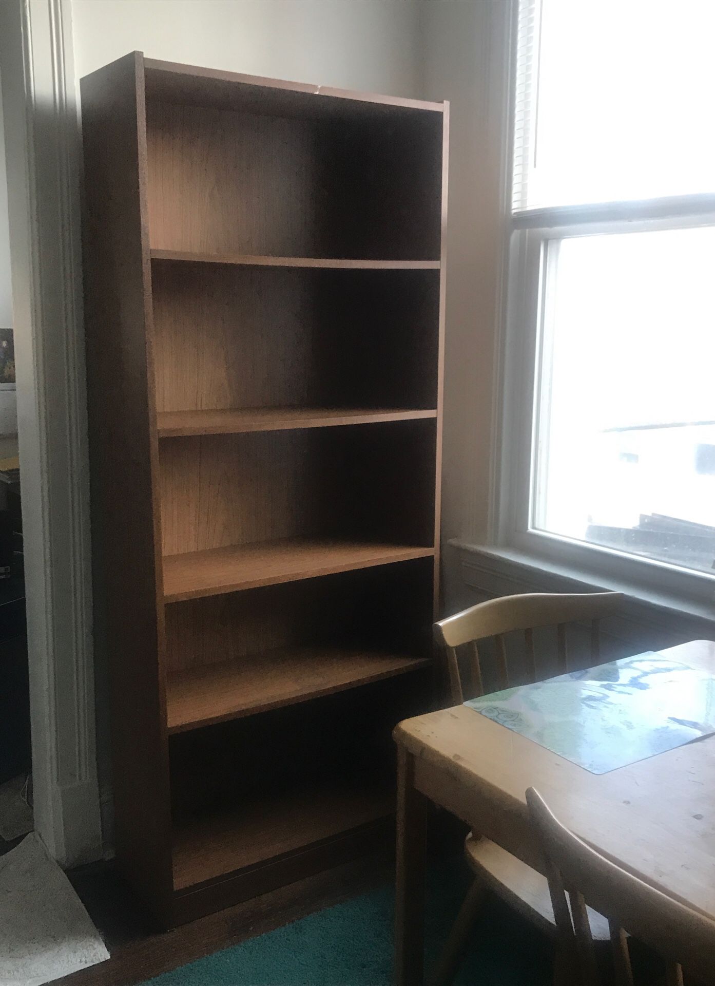 5 wood grain bookshelves. 72” high & 30” wide.