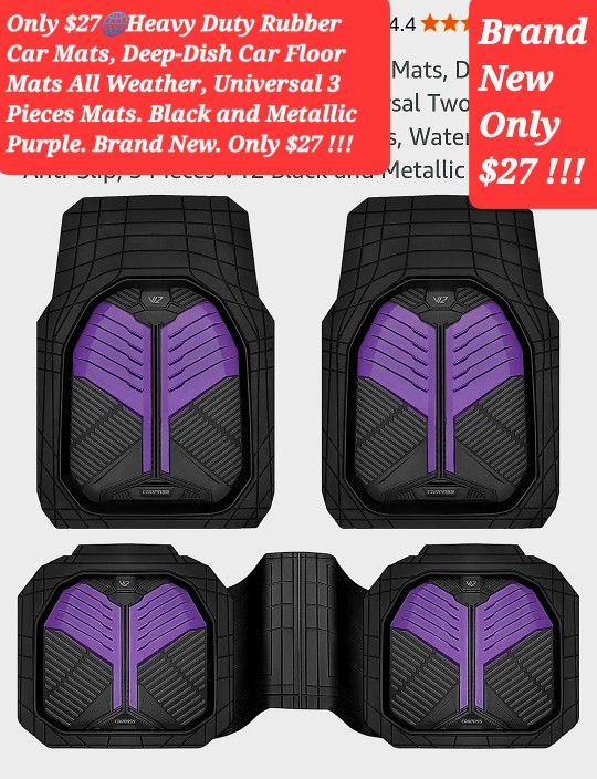 $27🌐 Rubber Car Mats, Heavy Duty Deep-Dish Car Floor Mats All Weather, Universal 3 Pieces Mats. Black and Metallic Purple. Brand New. Only $27 !!