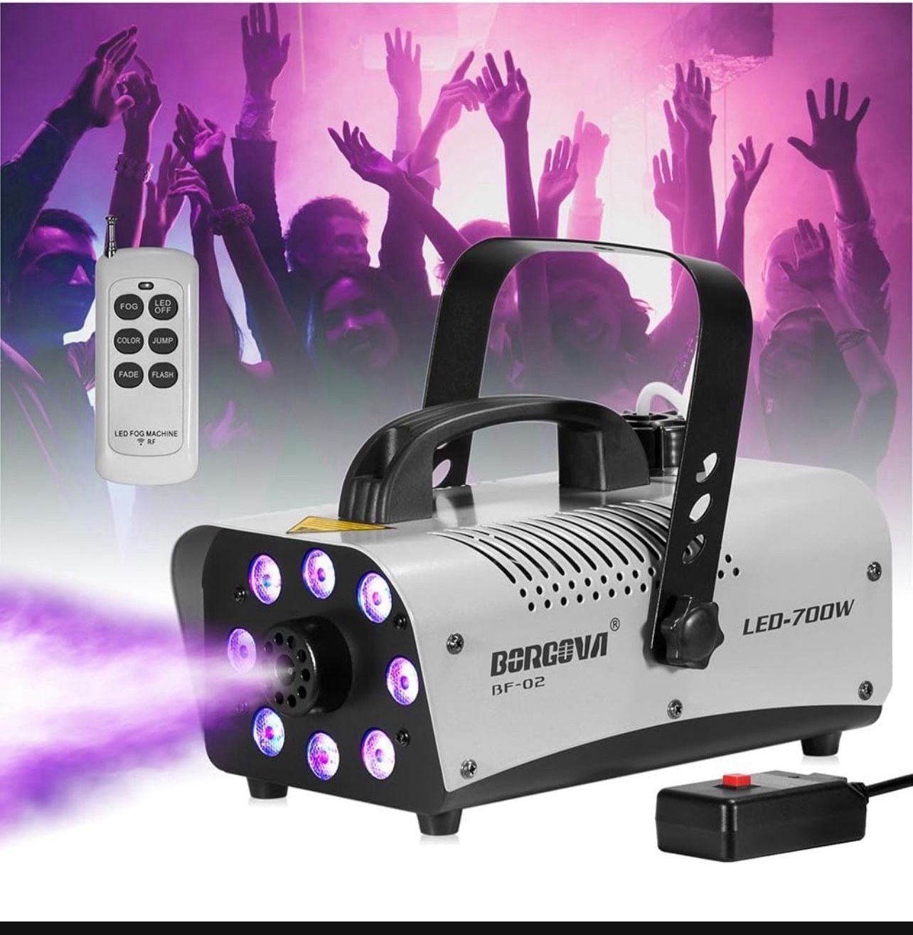 Brand New In The Box- Fog Machine 700W with 8 LED Par Lights, Wireless Remote, and Auto Mode - Ideal for Parties, Halloween, and Stage Effects