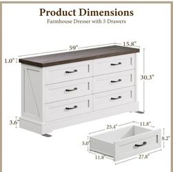 Brand New 59” Farmhouse Storage Dresser – 6 Drawers