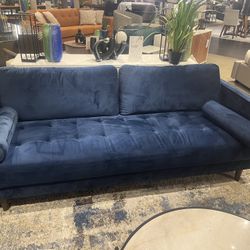 Blue Velvet Sofa With Accent Pillows