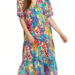 Johnny Was Helena Silk Cotton Blend Tiered Floral Relaxed Maxi Dress Size Medium