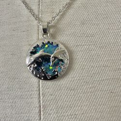 Silver Tone Blue Dolphin Pendant Necklace 