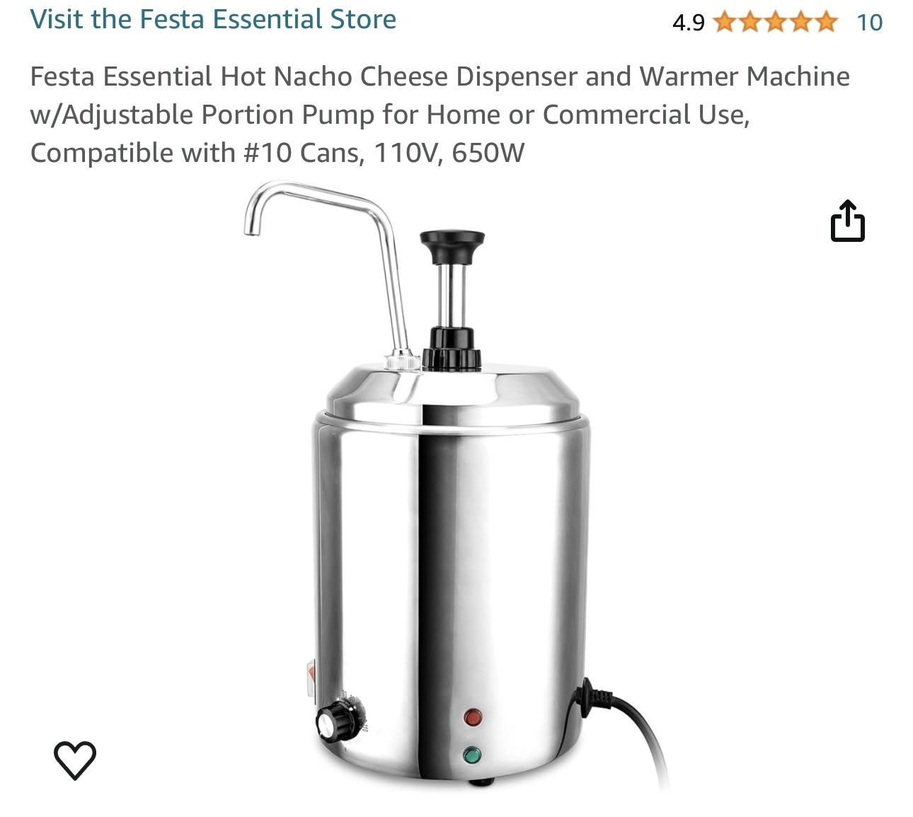 Festa Essential Hot Nacho Cheese Dispenser and Warmer Machine w/Adjustable Portion Pump for Home or Commercial Use, Compatible with #10 Cans, 110V, 65