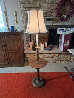 Vintage STIFFEL floor lamp with an integrated wooden tray table.