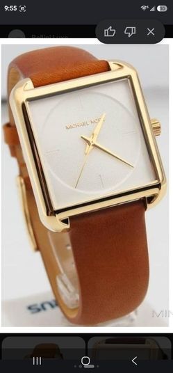 Michael Kors Square Gold Watch with Brown Leather Strap