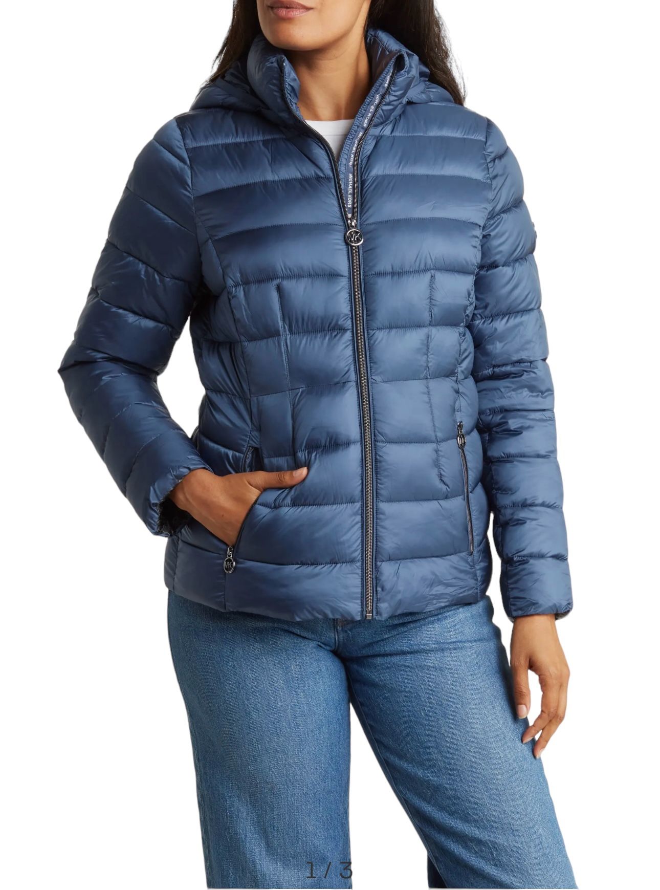 NWT MIchael Kors Hooded Puffer Jacket Danish Blue L
