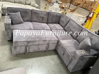 NEW Grey Sectional Sofa with Pullout Sleeper Bed Pull out Couch Under Seat Storage Corner Ashley Style Big Discount Sale Dark Grey Fabric Clearance
