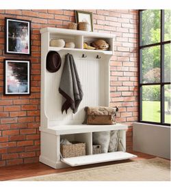 Beautiful white Hall Tree Bench Hutch with hooks and Storage.