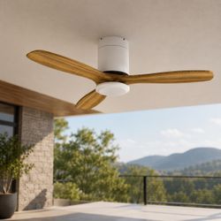 52"Ceiling Fan With Remote Control, Indoor Outdoor Ceiling Fan No Light Wood Blades Reversible Motor Bedroom Patios White