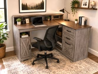 Farmhouse L-Shaped Desk with Hutch and Storage