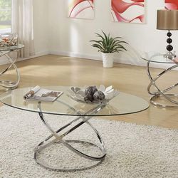 Brand New Glass 3pc Chrome Coffee Table Set