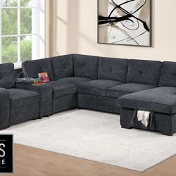 Pull-Out Bed Sofa W/Console + Cup Holder + USB Port + Chaise Storage