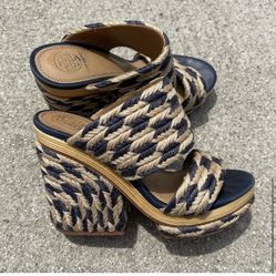 Tory Burch Lola Wedge jute Slides Navy Size 5