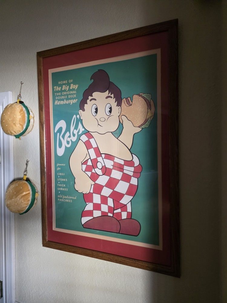 Large Oak Frame Bob's Big Boy Collector's Poster. From Closed Restaurant. ( 37" x 25").