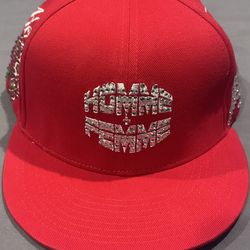 Homme + Femme Japan Gemstone snapback red hat with a rhinestone logo.