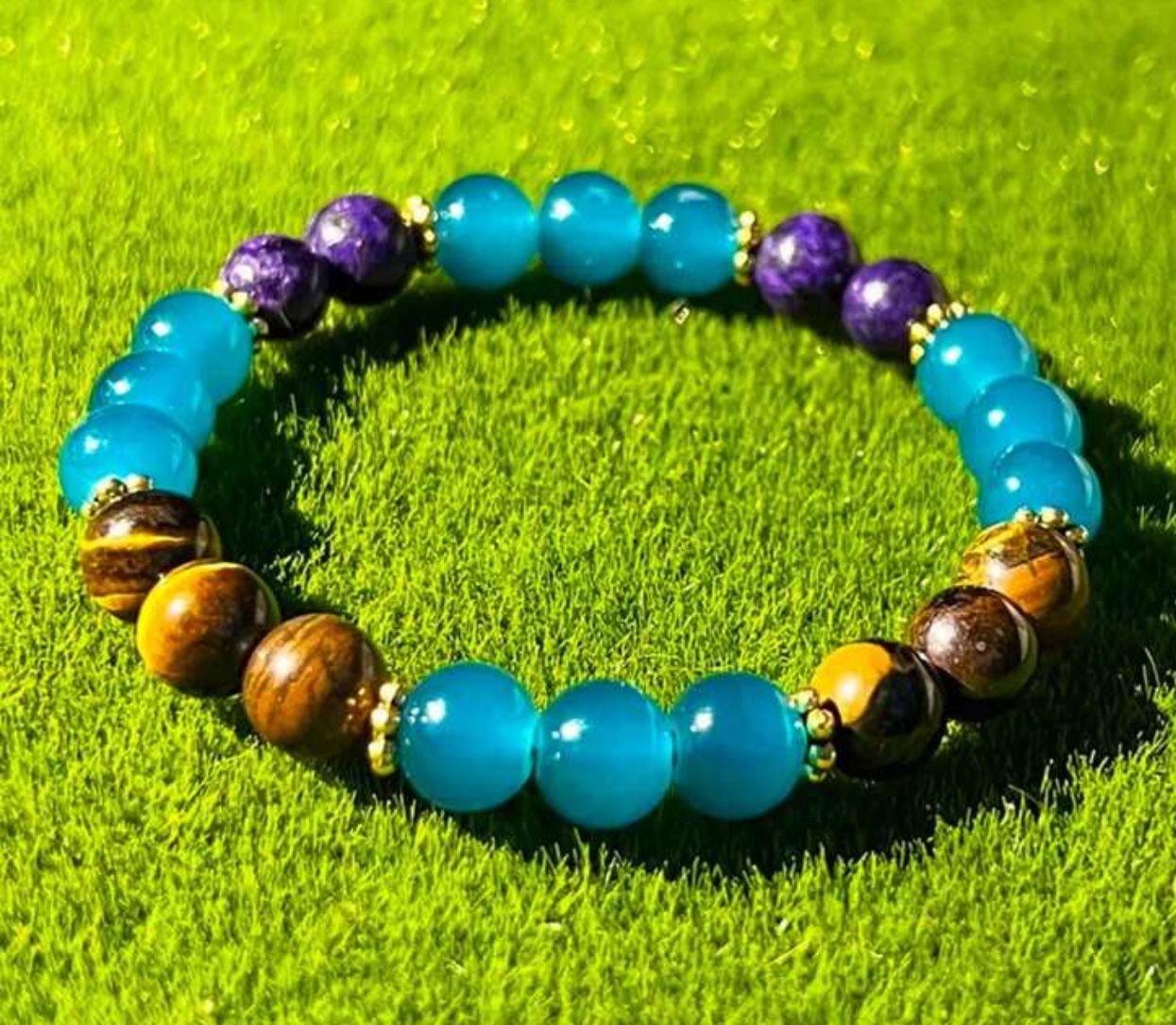 Blessing Gemstone Bracelet – Stretch Beaded Bracelet Featuring Tiger Eye, Amethyst, and Turquoise Stones,