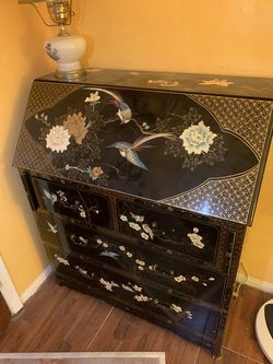 Vintage Asian Black Lacquer Secretary Desk – Floral & Bird Design