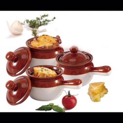 New in box,Stoneware French Onion Soup Crock Chili Bowls with Handles 3 PACK (109)