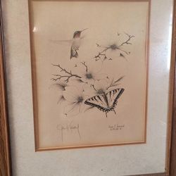 James P. Townsend Signed Hummingbird Flower Butterfly Drawing