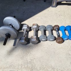 Assorted  Dumbbell Hand Wieghts And Barbell 