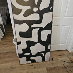 Mid Century Shape Abstract Contours, Black And White Beige Artwork, Retro Bedroom Home Decor, Extra Large Framed Canvas Print Wall Art