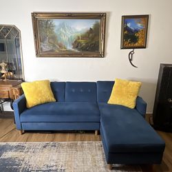 Modern Blue Velvet Sectional Sofa Bed with Storage – Reversible Chaise