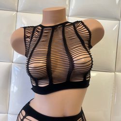 Top And Panty Fishnets Lingerie- Black Color-firs Plus 1X-brand New $12 Pick Up Price-NUEVAS