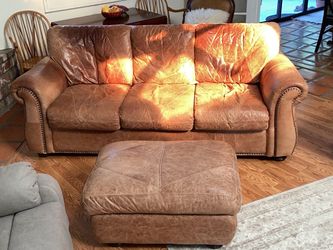 Brown Leather Sofa with Ottoman