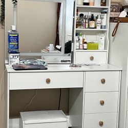 Dressing Table With LED Light Mirror And Stool