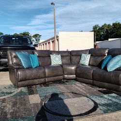 Grey Leather Reclining Sectional 